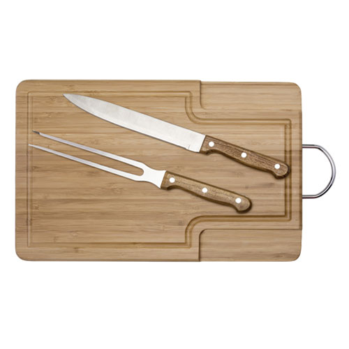 T436 TABLA DE MADERA CON CUCHILLA Y TENEDOR ASADOR