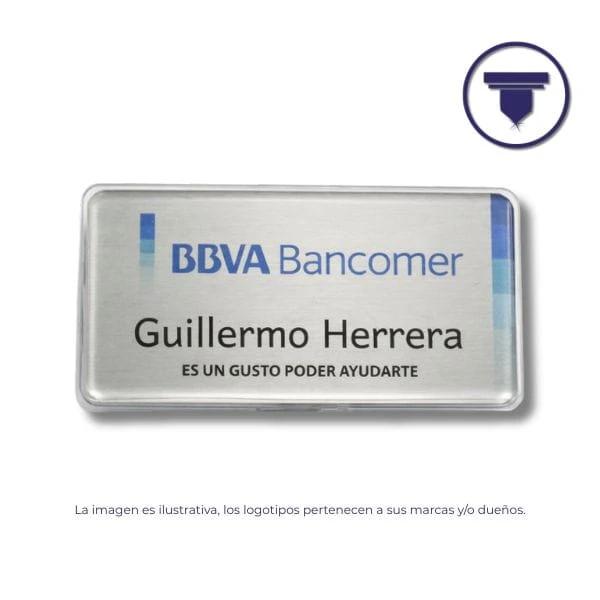 GAF-16 GAFETE REUTILIZABLE BÁSICO GRANDE. (Digital, Placa de aluminio anodizado tono Plata mate, Broche de Alfiler de seguridad)