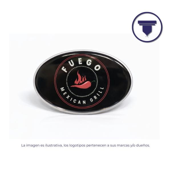 GAF-18 GAFETE REUTILIZABLE OVALADO. (Digital, Placa de aluminio anodizado tono Plata mate, Broche de Alfiler de seguridad)